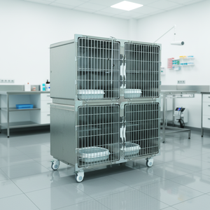 Premium 4 Bölmeli Veteriner Kedi Kafesi Paslanmaz Çelik Kedi Kafesi, Kedi Tuvaleti ve Üniversal Frenli Tekerlekler ile - Product Image 2