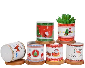 christmas decoration christmas flower pot creative christmas pot ceramic succulent plant pots with bamboo trays for gift