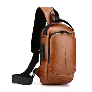 Sac de poitrine antivol en cuir de style vintage pour hommes sac à bandoulière de créateur pour hommes avec verrouillage par mot de passe USB