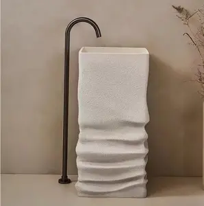 Évier de salle de bain en pierre de résine, lavabo autoportant, lavabo sur pied, piédestal, surface solide, lavage à la main