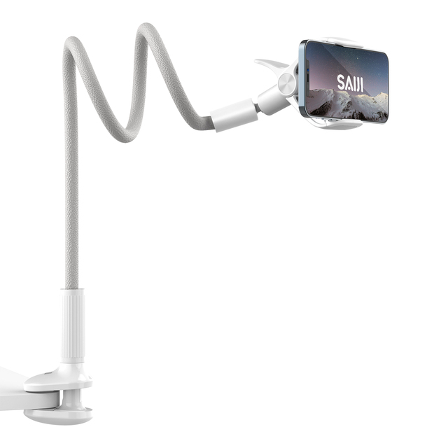 SAIJI Flexible Aluminum Gooseneck Phone Holder with 360 Adjustable Angle 95cm Long Arm for Bed & Desktop Use
