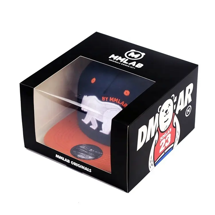 Black Ecommerce Clear Window Snapback Hat Cardboard Paper Cap Box Baseball Cap Packaging