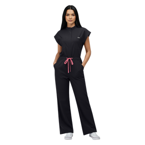 Combinaison professionnelle noire personnalisée 42388 à manches courtes, col zippé, ceinture à nouer et jambe droite - Product Image 1