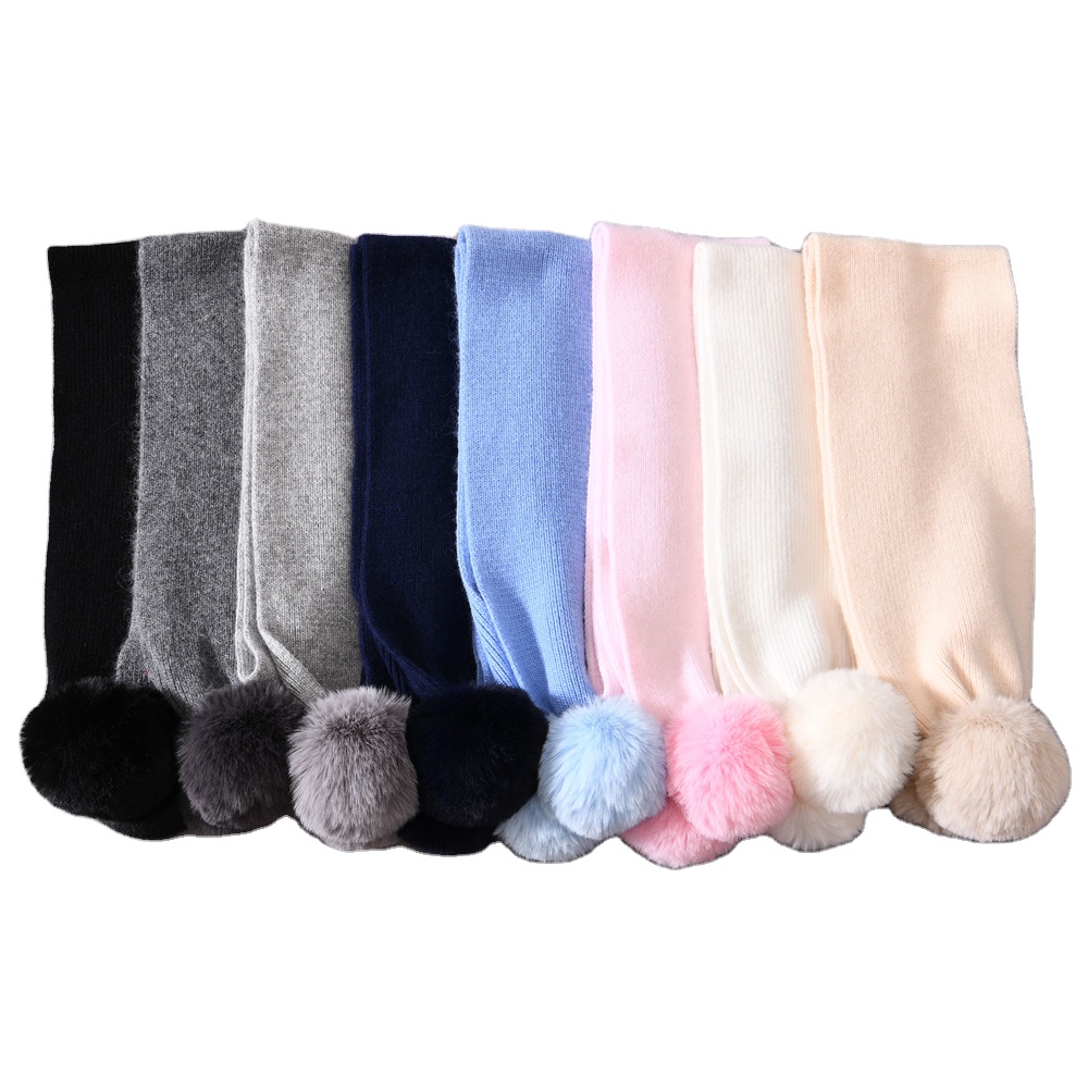 Оптовая продажа, однотонные теплые плотные дышащие детские вязаные шарфы с двойным помпоном высокого качества