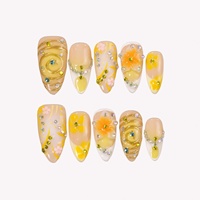 Kuku Akrilik Warna Kuning Sinar Matahari Musim Panas, Model Almond Press-on, Gradasi Kuning Nude, Bunga 3D, French Tip, Berhias Rhinestone, Dapat Disesuaikan, Grosir