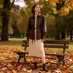 Chaqueta Camisa Unisex de PU Marrón Oscuro con Cinturón Ajustable - <span class=keywords><strong>Abrigo</strong></span> Casual para el Trabajo - Product Image 6