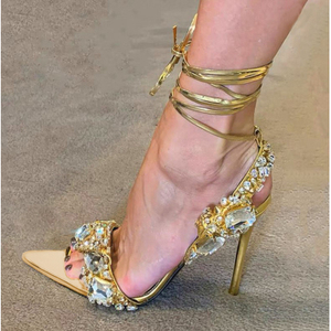 Elegante bailarina tacones altos joya sandalias de diamantes de imitación puntiagudos zapatos de aguja dorados mujeres nuevos estilos Sandalias de tacón - Product Image 6