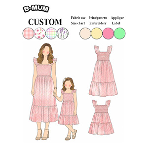 Robe longue à carreaux vichy assortie mère et fille 2026, tailles 2-5 ans et adulte, avec corsage smocké et ourlet étagé en coton doux, pour la vente en gros familiale - Product Image 1