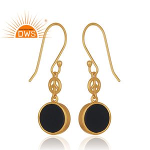Black Onyx Gemstone Earrings Peace Design Gold Plated Sterling Silver Dangle Hook Earrings Jewelry Wholesale - Product Image 3