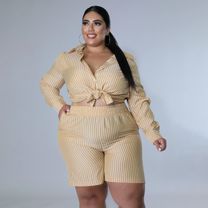 2022 Neuheiten Sommer Damen bekleidung Plus Size Shirt Gestreifter Druck Lose 2-teiliges Set Damen Shorts Set - Product Image 6