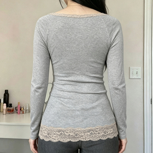 Sweet Pure Lace <b>Patchwork</b> Color Block V Neck Long Sleeve T Shirt Early Fall Girly Fashion Slim Fit Layering <b>Top</b> for Women - Product Image 5