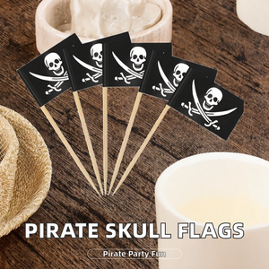 JIAHUI Cure-dents jetables en bambou, 100 pièces, motif crâne et os croisés, thème pirate, mini-cure-dents pour cocktails, drapeaux pour fête d'anniversaire, cupcakes - Product Image 2