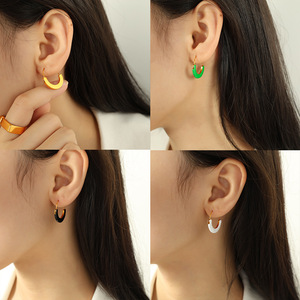 Geometric Hoop Earrings Enamel Round <b>Titanium</b> Steel Women's Fashion Jewelry Simple Unique Design For Everyday Wear - Product Image 4