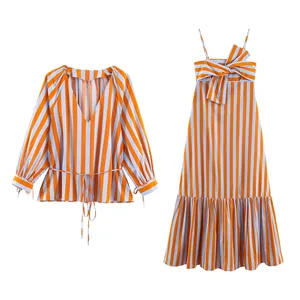 Abito Midi Estivo da Donna Casual alla Moda con Spalline Sottili, Chiusura a Cerniera, Schiena Arricciata e Motivo a Righe, Colore <span class=keywords><strong>Arancione</strong></span> - Product Image 6