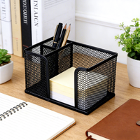 Organisateur de fournitures de bureau carré à 3 compartiments personnalisable, en maille noire, porte-stylos, plateau pour notes autocollantes, rangement en métal