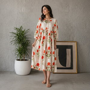 Vestido Largo de Fiesta Boho para Mujer, Estampado a Mano, de Algodón, con Mangas Abullonadas, Cuello con Lazo, Ecológico, Transpirable, Talla XS, Color Rojo Floral - Product Image 1