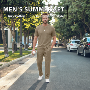Ensemble de survêtement respirant en tricot gaufré 2 pièces pour homme avec t-shirt et short ES - Product Image 2