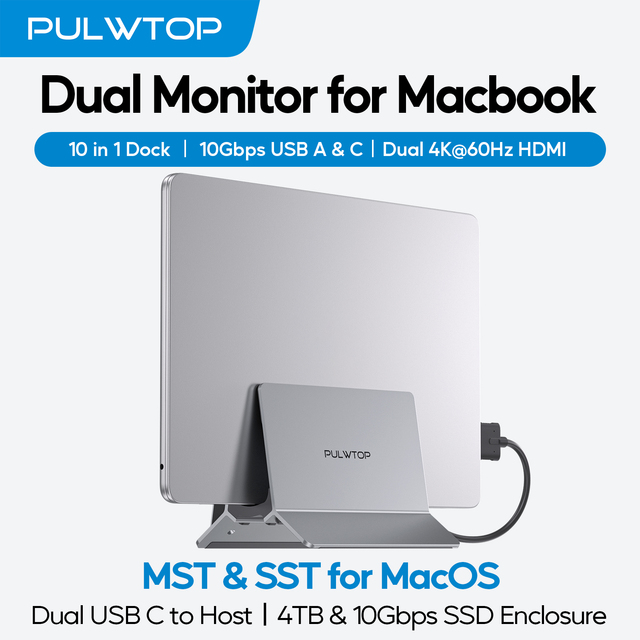 PULWTOP Mac Laptop Docking Station Dual Monitor with 2 HDMI 4K60Hz, USB A/C 10Gbps, PD, Ethernet for MacBook Pro Air M3 M4 M5