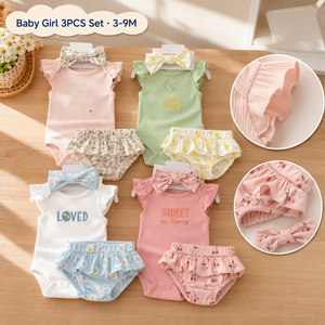 MENGWI Set di Abbigliamento <span class=keywords><strong>per</strong></span> Neonati all'Ingrosso, Completo 3 Pezzi <span class=keywords><strong>per</strong></span> Bambine con Body a Maniche Corte e Pantaloncini a Quadri, 3-9 Mesi - Product Image 1