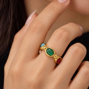 Gold Plated Cocktail <b>Ring</b> With <b>Turquoise</b> Green And Red Stones Bohemia Style Party Jewelry Unisex Gift - Product Image 5