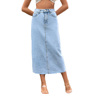 Nhà Máy Cung Cấp Trực Tiếp Chất Lượng Cao Cao Eo Nguyên Liệu HEM Denim Váy Dài Maxi Denim Váy Cho Phụ Nữ - Product Image 5