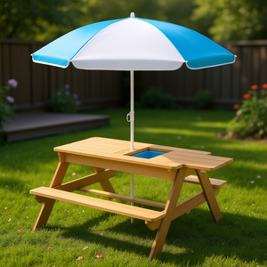 Table d'activité réglable en bois pour enfants 3-en-1 avec parapluie supérieur détachable pour enfant en bas âge jeu en plein air jardin patio pont - Product Image 2