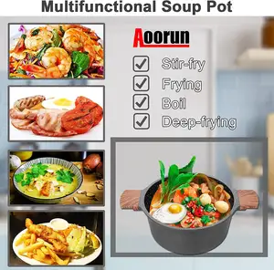 Multi-function Cooking Stew Soup Pot Wood Handle Casserole Nonstick Aluminum Stockpots With Glass Lid