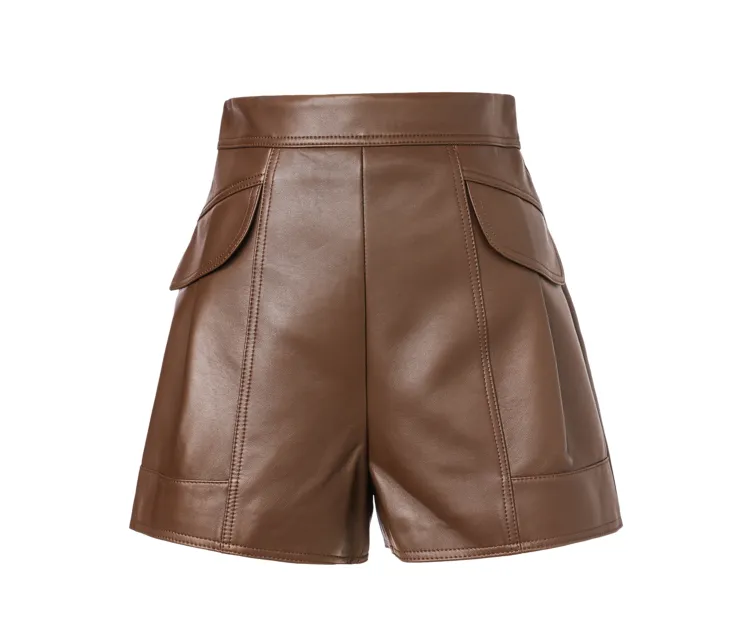 Koffie Hoge Taille Een-Stijl Nieuwste Ontwerp Natuurlijke Schapen Lederen Mini Shorts Voor Dames Vrouwen