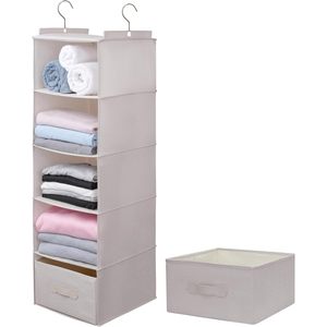 Large Hanging Closet Organizer <b>6</b> Shelf With <b>Drawer</b> Beige Foldable Clothing Storage For Bedroom - Product Image 1