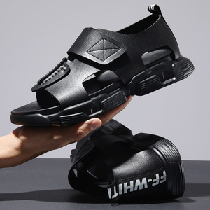 Roman Leather Sandals Men Summer Velcro Closure Black Outdoor <b>Slippers</b> Casual Beach Shoes Youth Style - Product Image 1