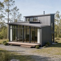 Maison portable en structure acier avec plateforme de toit, escalier extérieur et plan ouvert moderne