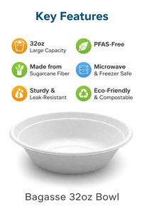 ProTakeOut - Paquete de 500 Tazones Biodegradables de Bagazo de 32 oz (125/4) |   Minimalista Moldeado a Máquina |   Compostable y desechable sin PFAS - Product Image 4