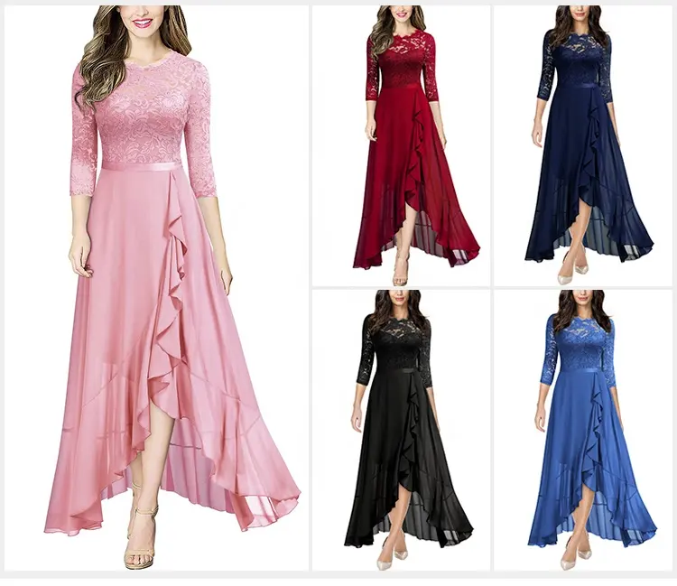 New Arrival Women's Ruffle Maxi Elegant Evening Dress Three Quarter Sleeves Lace Evening Dress Slim Fit for Ladies O-Neck