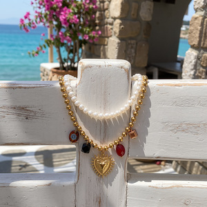Collar de Bolas de Acero Inoxidable Impermeable con Baño de Oro de 18K, Colgante de Corazón Vintage y Piedras de Colores, Joyería Tipo Gargantilla - Product Image 2