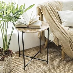 New <b>Round</b> Folding <b>Side</b> <b>Table</b> With Wooden Top and Black Powder Coated Metal Frame Vintage Coffee <b>Table</b> for Living Room Kitchen - Product Image 6