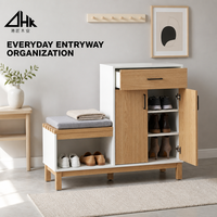 Moderno Mueble Zapatero Blanco y de Madera con Cajón, Puertas Dobles, Estantes y Banco para la Entrada
