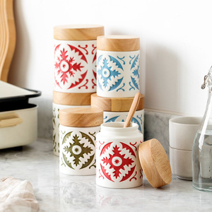 kitchen storage sugar coffee tea ceramic canister set for the kitchen,porcelain food ceramic storage jar with wood lid