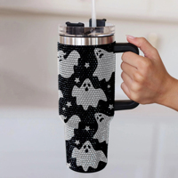 Mug de voyage isotherme en acier inoxydable 40oz avec poignée, design personnalisé Halloween Bling Saison d'effroi Automne, orné de strass