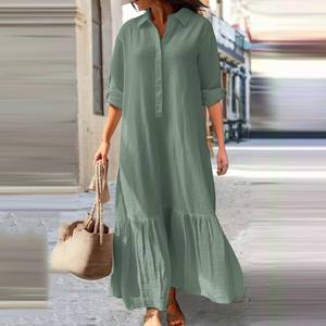 Robe chemise pour femmes en gros OEM |   Col semi-ouvert ample à manches longues |   Vêtements décontractés pour les vacances et le quotidien - Product Image 2