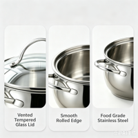 Ensemble de casseroles de style américain en acier inoxydable écologique moderne, 2 pièces, avec couvercle en verre, compatible avec les plaques à induction