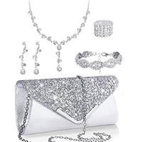 Ensemble de bijoux en strass pour sac à main, 5 pièces, pour bal de promo, comprenant pochette, collier, boucles d'oreilles et bracelets pour femme et mariée