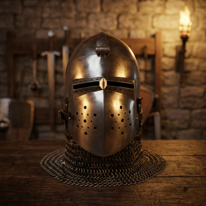 Casque de guerrier médiéval en acier 16G, type bascinette à visage de cochon, armure en maille - Product Image 3