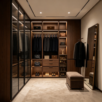 Système de dressing encastré moderne en bois sur mesure de luxe avec porte vitrée et éclairage LED, meuble de dressing pour chambre à coucher, appartement, villa