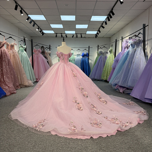 Robe de Quinceañera rose scintillante avec appliques en dentelle et fleurs 3D, épaules dénudées Dy6756 - Product Image 4