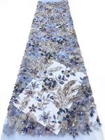 Tissu en maille élégant bleu pour robe de mariée, en tulle, dentelle, sequins, broderie perlée, pour vêtements de mode, tenues et robes