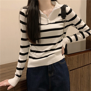 Abbigliamento da <span class=keywords><strong>Donna</strong></span> Autunno e Inverno Maglione a Maniche Lunghe Lavorato a <span class=keywords><strong>Maglia</strong></span> con Cerniera a Righe da Indossare Sotto - Product Image 4