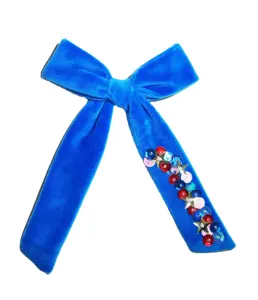 July 4th style bow velvet Long Tail Hair Bow White Blue Sequins hair clips for girls