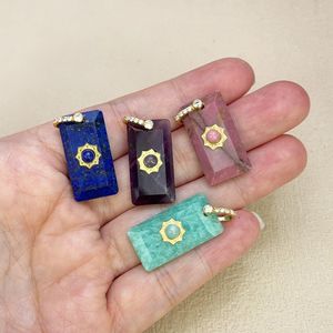 Pendentif artisanal en pierres précieuses de forme rectangulaire, œil de tigre naturel, améthyste, lapis-lazuli, avec breloque fleur, pour collier DIY - Product Image 5