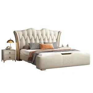 Italian luxury Upholstered Platform Bed Full Size Upholstered Microfiber Leather Platform Bed for Bedroom double Villa Queen bed