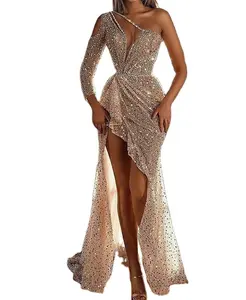 Nouveau strass femmes robe dames enveloppé poitrine style tempérament couture taille moyenne col irrégulier robes de soirée